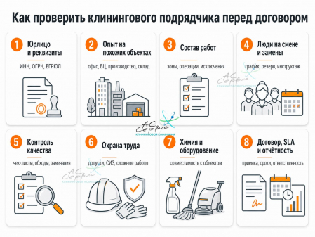 Инфографика с чек-листом проверки клинингового подрядчика перед договором