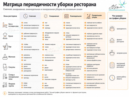 Инфографика: Сменная, ежедневная, еженедельная и генеральная уборка ресторана